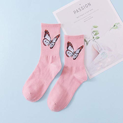ROUNDER 5 Pares de Calcetines Femeninos de Tubo Medio de Moda Calcetines Femeninos Nueva Mariposa Marca de Moda Calcetines de algodón Peinado para Mujer-Rosado