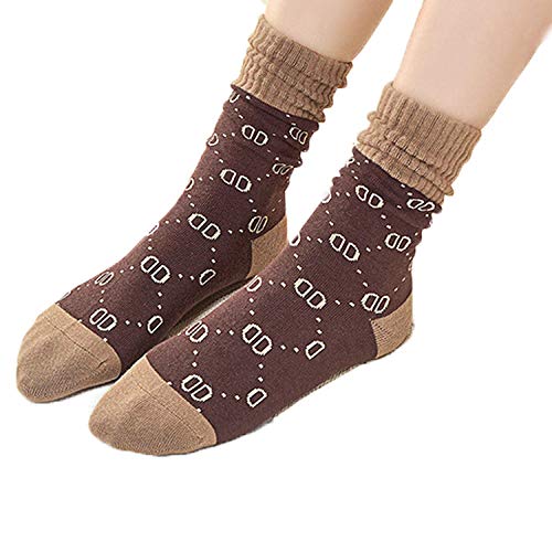 ROUNDER Calcetines de algodón Casuales explosivos de Marca de Moda para Mujeres Coreanas 5 Pares de Calcetines de algodón con Doble Letra D Bonitos-Café Profundo Doble D