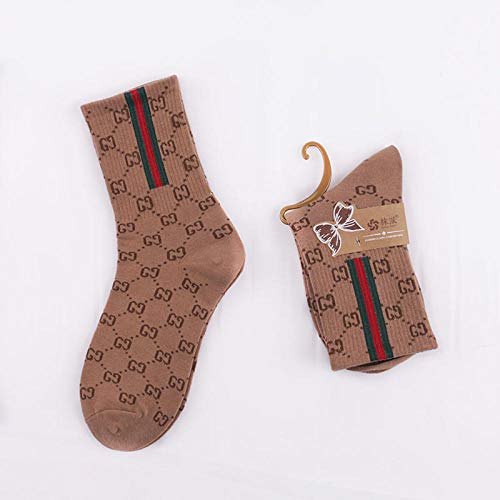 ROUNDER Calcetines de Mujer de la Marca Tide otoño e Invierno Calcetines con Letras Nuevas Calcetines de Mujer de Moda de Tubo Alto con Personalidad de algodón 10 Pares-Café Ligero