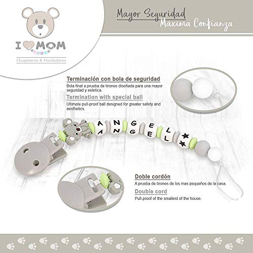 RUBY - Chupetero Personalizado Para Bebe con Nombre Bola Silicona Antibacteria con Koala de Silicona Alimentaria.(Gris)