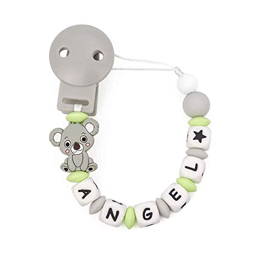 RUBY - Chupetero Personalizado Para Bebe con Nombre Bola Silicona Antibacteria con Koala de Silicona Alimentaria.(Gris)