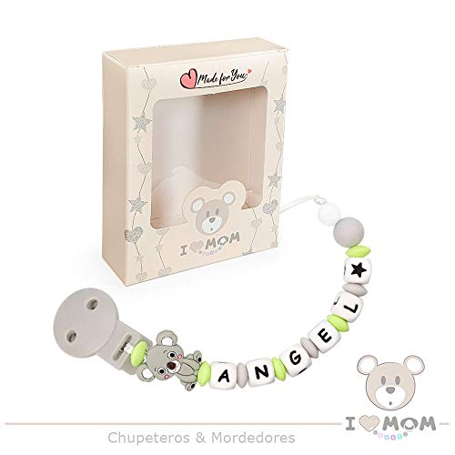 RUBY - Chupetero Personalizado Para Bebe con Nombre Bola Silicona Antibacteria con Koala de Silicona Alimentaria.(Gris)