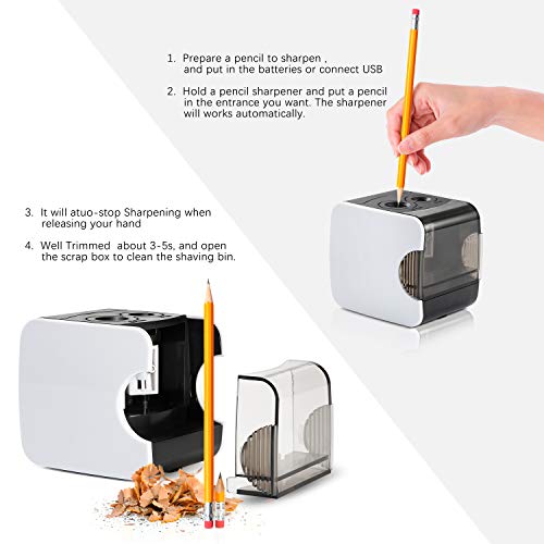 Sacapuntas eléctrico CyanCloud, con doble agujero o funciona con USB, afilador n.º 2 y lápices de colores para el hogar, la escuela, la oficina, color blanco