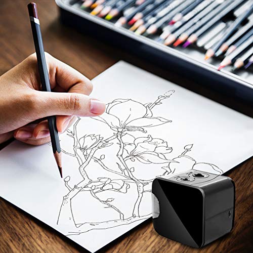 Sacapuntas eléctrico, Sacapuntas automático Qhui para niños, Batería y USB operado con deposito, Agujeros doble para No.2 y lápiz de colores para aula, oficina, escuela y hogar, Negro