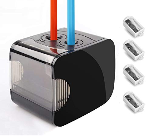 Sacapuntas eléctrico, Sacapuntas automático Qhui para niños, Batería y USB operado con deposito, Agujeros doble para No.2 y lápiz de colores para aula, oficina, escuela y hogar, Negro