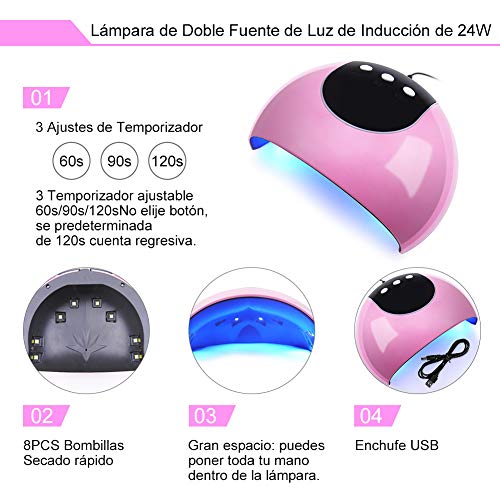 Saint-Acior 24W UV/LED Lámpara Secador de Uñas Kit Uñas de Gel 10PC Esmalte Semipermanente Soak-Off 8ml Primer Uñas Top Coat Herramientas de Uñas Arte Uñas Postizas