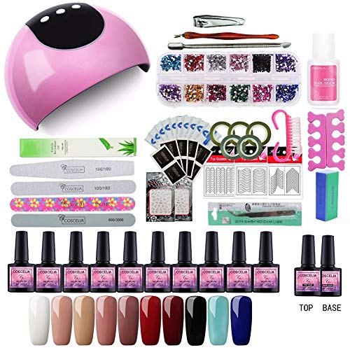 Saint-Acior 24W UV/LED Lámpara Secador de Uñas Kit Uñas de Gel 10PC Esmalte Semipermanente Soak-Off 8ml Primer Uñas Top Coat Herramientas de Uñas Arte Uñas Postizas