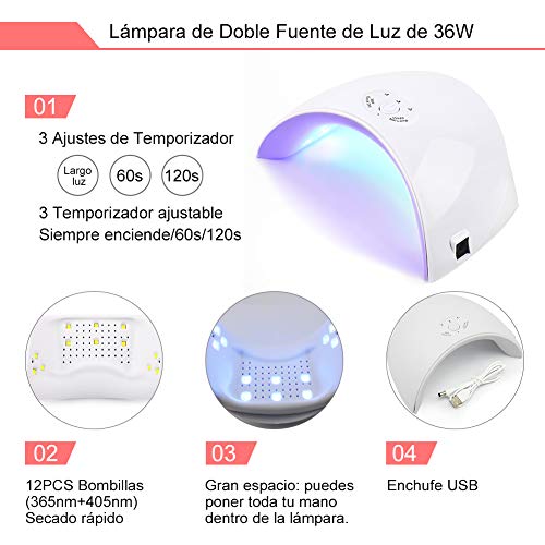 Saint-Acior 8PCS Esmalte de Uñas Semipermanente Uñas de Gel Soak off 8ml Nail Dryer 36W UV/LED Lámpara Uñas Secador de Uñas Top Coat Base Coat Manicura Kit