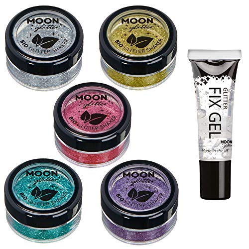 Saleros de Purpurina Eco Biodegradable de Moon Glitter - Purpurina 100% Cosmética Bio para Cara, Cuerpo, Uñas, Pelo y Labios – 5g Set de 5 – más Gel Fijador de Purpurina