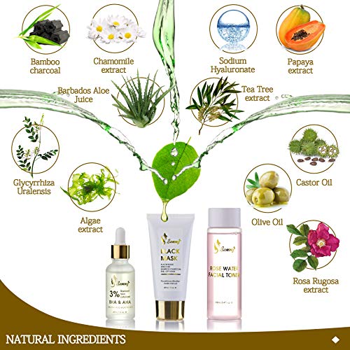 Sammy black removedor set de envoltura de regalo, 1x 3% BHA y AHA Radiant Skin Exfoliant, 1x máscara negra, 1x agua de rosas