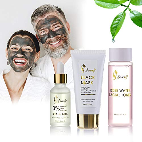 Sammy black removedor set de envoltura de regalo, 1x 3% BHA y AHA Radiant Skin Exfoliant, 1x máscara negra, 1x agua de rosas