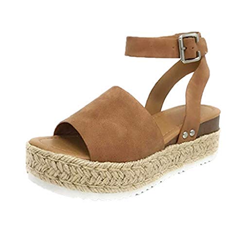 Sandalias Mujer Verano 2019 cáñamo Fondo Grueso Sandalias Punta Abierta Cuero Fondo Plano Zapatos Bohemias Romanas Hebilla Zapatillas Gris 35-43 riou