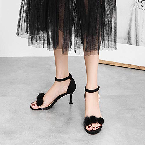 Sandalias para Mujer Tacón de Aguja Punta Abierta Pom-Pom Suede Clásico/Minimalismo Primavera y Verano Almendra/Rosa/Negro/Fiesta y Noche-Negro, 42 UE