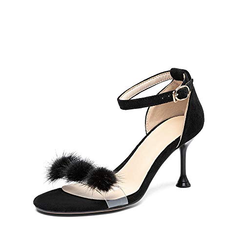 Sandalias para Mujer Tacón de Aguja Punta Abierta Pom-Pom Suede Clásico/Minimalismo Primavera y Verano Almendra/Rosa/Negro/Fiesta y Noche-Negro, 42 UE