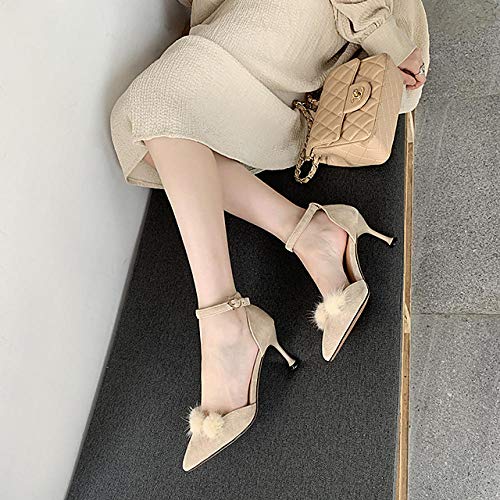 Sandalias para Mujer Tacón de Aguja Punta Puntiaguda Pom-Pom Ante/Microfibra Clásico/Minimalismo Primavera y Verano Almendra/Rosa/Negro/Fiesta y Noche-Almendra, 40 UE