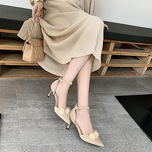 Sandalias para Mujer Tacón de Aguja Punta Puntiaguda Pom-Pom Ante/Microfibra Clásico/Minimalismo Primavera y Verano Almendra/Rosa/Negro/Fiesta y Noche-Almendra, 40 UE