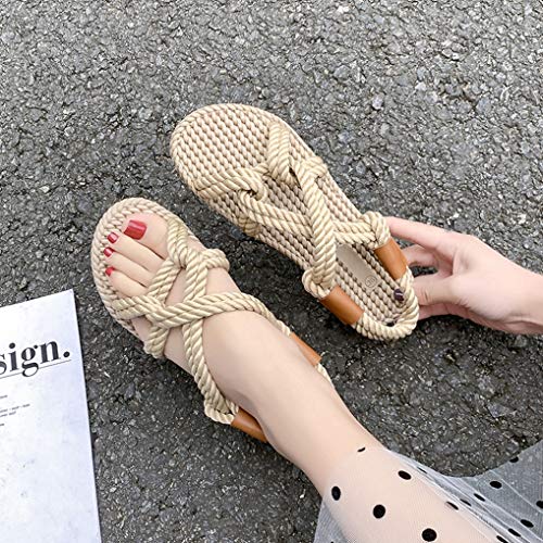 Sandalias Planas para Mujer Verano Tacón Bajo Tobillo Corbata Cruzada Peep-Toe Slingback Calzado Ocio Vacaciones Al Aire Libre Mujeres Slip-On Shoes