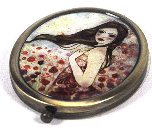 SANTORO LONDON Bolso de bolsillo compacto con aumento de espejo y espejo estándar en caja de regalo esmaltado (amapolas en el cielo)