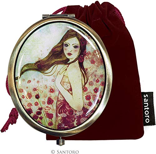 SANTORO LONDON Bolso de bolsillo compacto con aumento de espejo y espejo estándar en caja de regalo esmaltado (amapolas en el cielo)