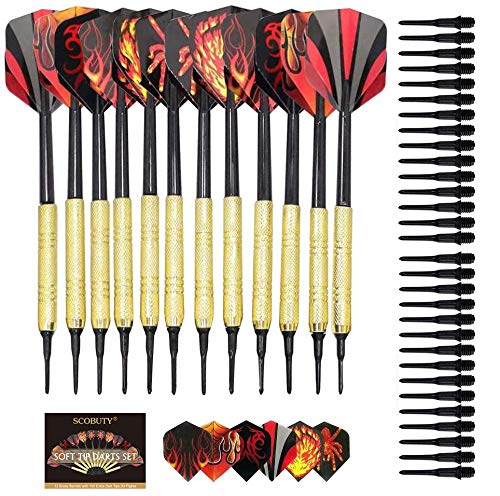 SCOBUTY Dardos Punta Plastico,Dardos Profesionales,12 pcs Set de Dardos Profesionales,Deporte de Ocio para la Oficina con 30 vuelos y 100 Consejos de Dardos y una Bolsa de Almacenamiento