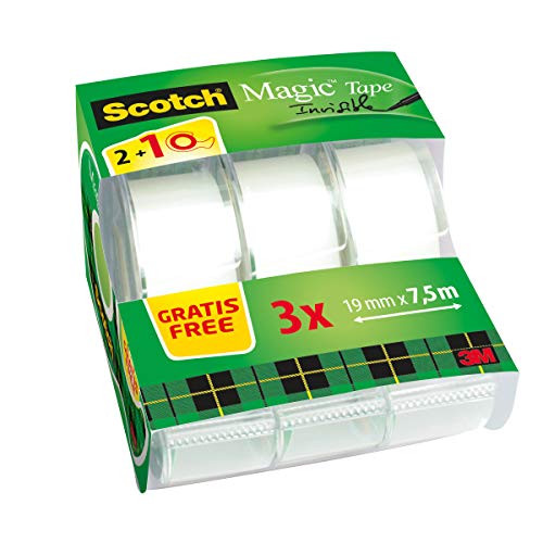 Scotch Magic - Cinta adhesiva transparente (19 mm x 7.5 m, 3 unidades), color blanco