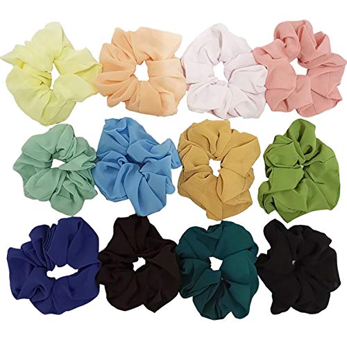 Scrunchies Gasa Elástico, 12pcs Coleteros de Tela Coloridas, Crunchies Pelo de Flexible, Gomas del Pelo para Niña/Mujer, Adecuado para Deportes, Fiestas, Escuelas, Viajes, etc