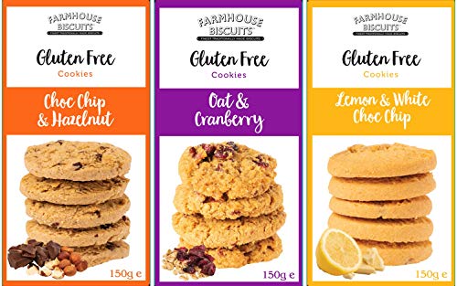 Selección de galletas sin gluten de Farmhouse Biscuits - Choc Chip & Avellana, Limón y Blanco Choc Chip y Avena y Arándano