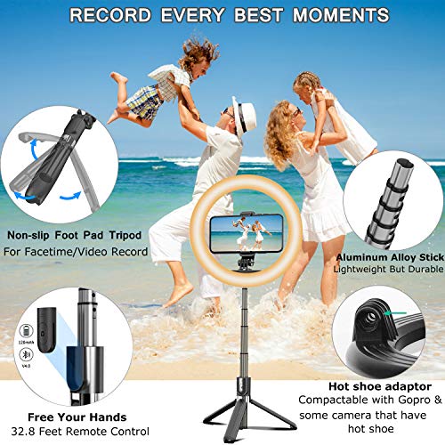 Selfie Aro de Luz 6.6" con Trípode y Soporte para Movil,3 en 1 Portátil Palo Selfie Trípode con Remoto,Luz de Anillo LED 3 Colores Regulables 19-92cm Extensible para TikTok Live Stream Maquillar