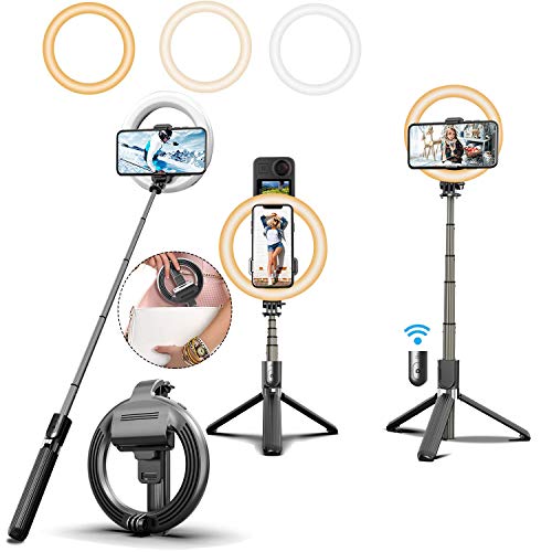Selfie Aro de Luz 6.6" con Trípode y Soporte para Movil,3 en 1 Portátil Palo Selfie Trípode con Remoto,Luz de Anillo LED 3 Colores Regulables 19-92cm Extensible para TikTok Live Stream Maquillar