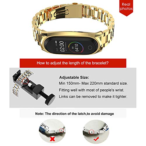 SenMore Compatible Correa Mi Band 3/4 Correas Metal, Pulsera de Acero Inoxidable Agradable para Mi Band 3 Correa and Mi Band 4 Correa (No Host)(GT-Dorado)