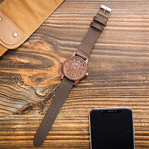 Sentai Madera de Nogal Reloj de Pulsera Relojes de Correa de Piel Hecho a Mano Ligero Unisex Reloj de Pulsera Artesanal de Cuarzo para Mujer y Hombre
