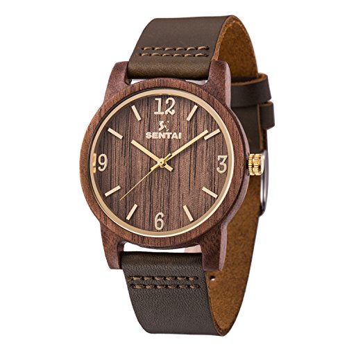 Sentai Madera de Nogal Reloj de Pulsera Relojes de Correa de Piel Hecho a Mano Ligero Unisex Reloj de Pulsera Artesanal de Cuarzo para Mujer y Hombre