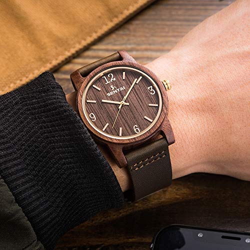 Sentai Madera de Nogal Reloj de Pulsera Relojes de Correa de Piel Hecho a Mano Ligero Unisex Reloj de Pulsera Artesanal de Cuarzo para Mujer y Hombre