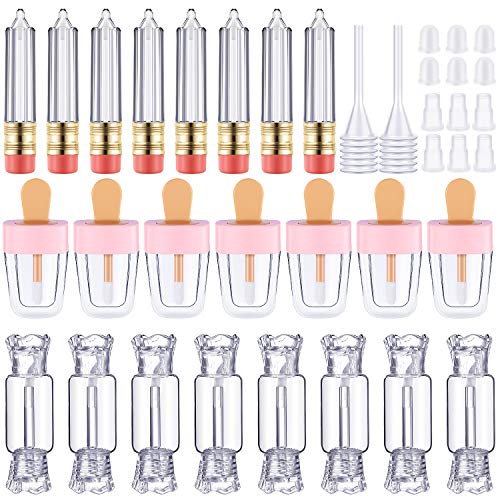 Set de 28 Herramientas de Tubo de Brillo Labial Vacío 8 Tubos Brillo de Labios en Forma de Helado 8 Tubos en Forma de Lápiz 8 Contenedores de Brillo de Labios en Forma de Caramelo con 4 Embudos