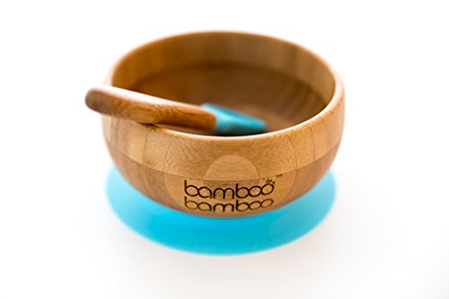 Set de Bowl adherente y cuchara para bebé en combinación, Bowl que no se despega de la mesa al comer, Bambú natural (Azul)
