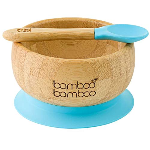 Set de Bowl adherente y cuchara para bebé en combinación, Bowl que no se despega de la mesa al comer, Bambú natural (Azul)
