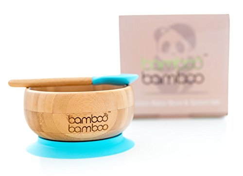 Set de Bowl adherente y cuchara para bebé en combinación, Bowl que no se despega de la mesa al comer, Bambú natural (Azul)