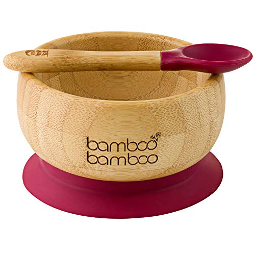 Set de Bowl adherente y cuchara para bebé en combinación, Bowl que no se despega de la mesa al comer, Bambú natural (Cereza)