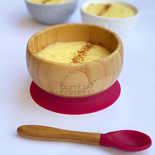 Set de Bowl adherente y cuchara para bebé en combinación, Bowl que no se despega de la mesa al comer, Bambú natural (Cereza)