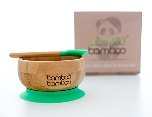 Set de Bowl adherente y cuchara para bebé en combinación, Bowl que no se despega de la mesa al comer, Bambú natural (Verde)