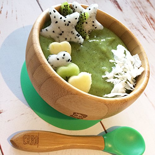 Set de Bowl adherente y cuchara para bebé en combinación, Bowl que no se despega de la mesa al comer, Bambú natural (Verde)