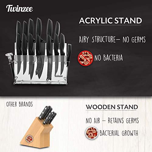 Set de Cuchillos de Cocina, 16 piezas con Portacuchillos Gratuito - Cuchillos de Cocina de Acero Inox, Anti-Corrosión, Antiadherentes- Bloque de Cuchillos de Cocina Profesionales, no retiene Bacterias