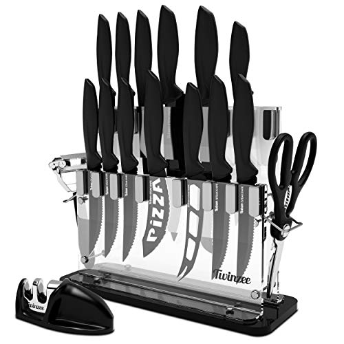 Set de Cuchillos de Cocina, 16 piezas con Portacuchillos Gratuito - Cuchillos de Cocina de Acero Inox, Anti-Corrosión, Antiadherentes- Bloque de Cuchillos de Cocina Profesionales, no retiene Bacterias