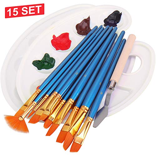 Set de pinceles, incluye 12 pinceles, 2 paletas, 1 cuchillo de paleta, pinceles para acrílico, acuarela, pintura al óleo, niños, principiantes, artistas, amantes de la pintura (azul)