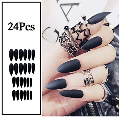 Sethexy 24 piezas Puro Color Mate Agudo Uñas falsas Escarchado Moda Estilete Cobertura total Largo Uñas acrílicas con uñas falsas para mujeres y niñas (negro)