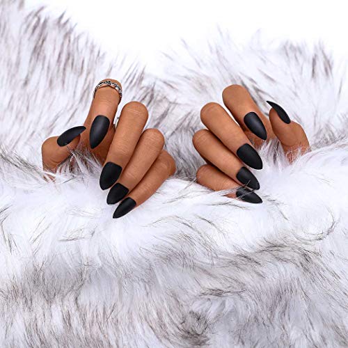 Sethexy 24 piezas Puro Color Mate Agudo Uñas falsas Escarchado Moda Estilete Cobertura total Largo Uñas acrílicas con uñas falsas para mujeres y niñas (negro)