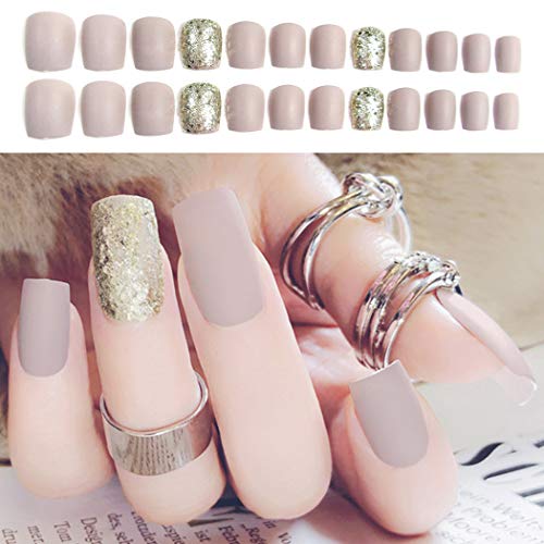 Sethexy Mate Uñas falsas Medio Resplandecer Cobertura total Diseño artístico Acrílico 24 piezas Uñas postizas para mujeres y niñas