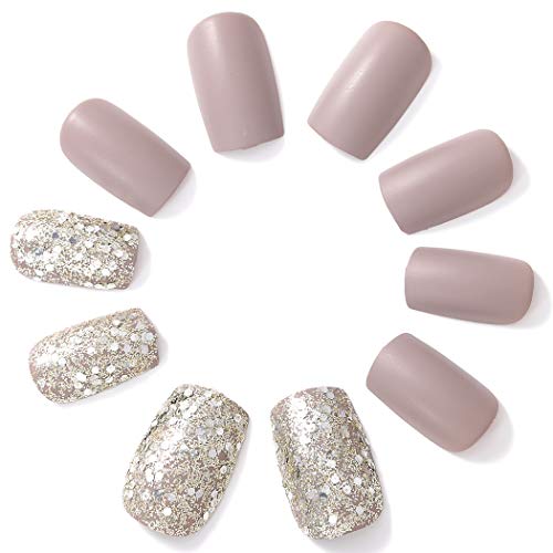 Sethexy Mate Uñas falsas Medio Resplandecer Cobertura total Diseño artístico Acrílico 24 piezas Uñas postizas para mujeres y niñas