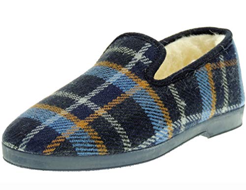 SEVILLAS 97 Zapatilla Cerrada Confortable Paño Cuadros Pura Lana Virgen Clásica Casa Hombre Marino Talla 41