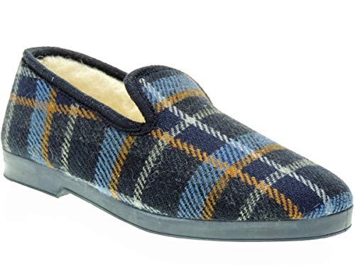 SEVILLAS 97 Zapatilla Cerrada Confortable Paño Cuadros Pura Lana Virgen Clásica Casa Hombre Marino Talla 41